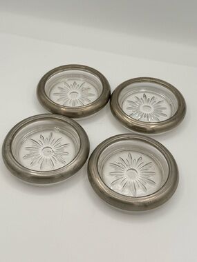 Engraved Leonard Revere Pewter coasters with decorative glass inserts